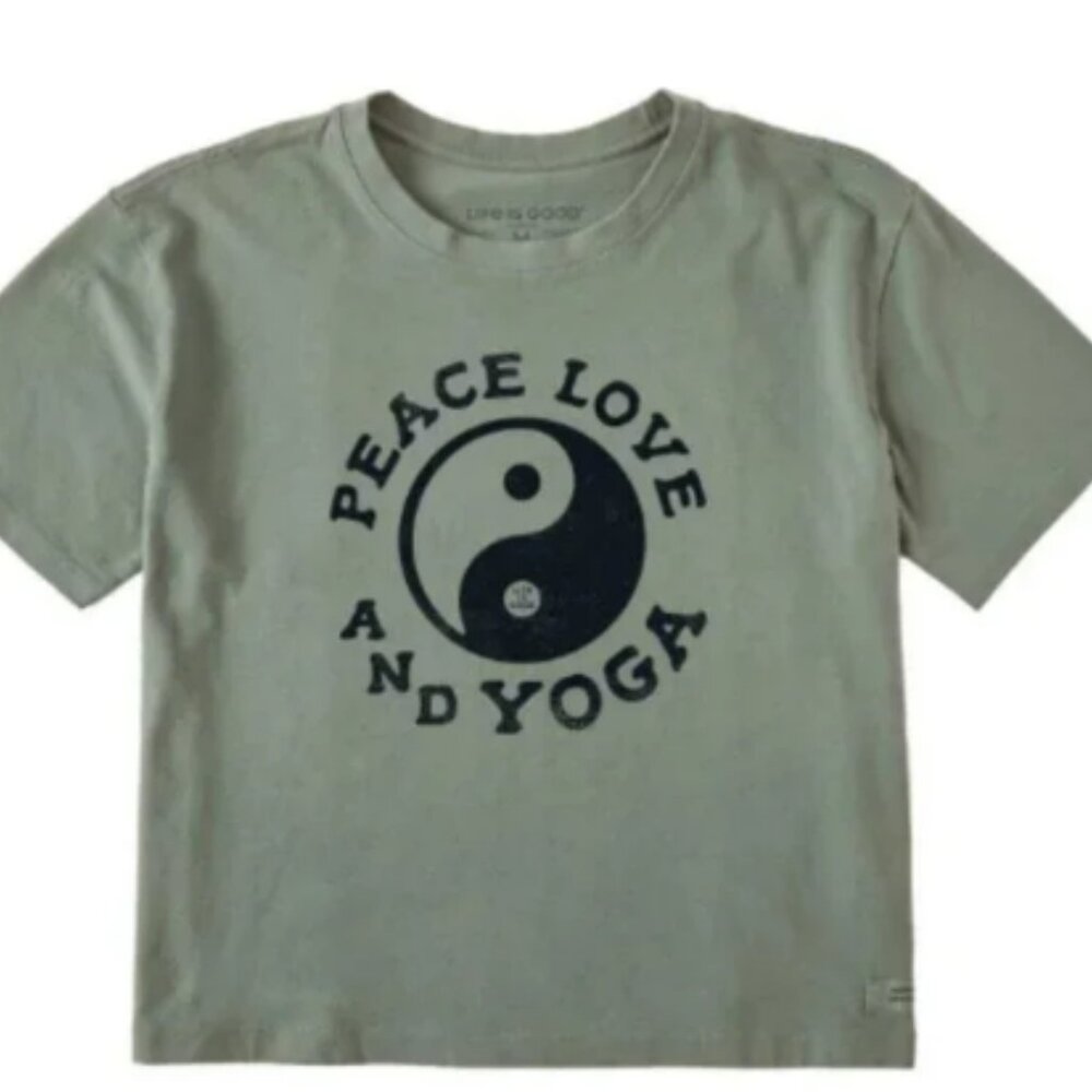 NWT Life Is Good Peace Love & Yoga Crusher Tee – Women’s Crop – Green